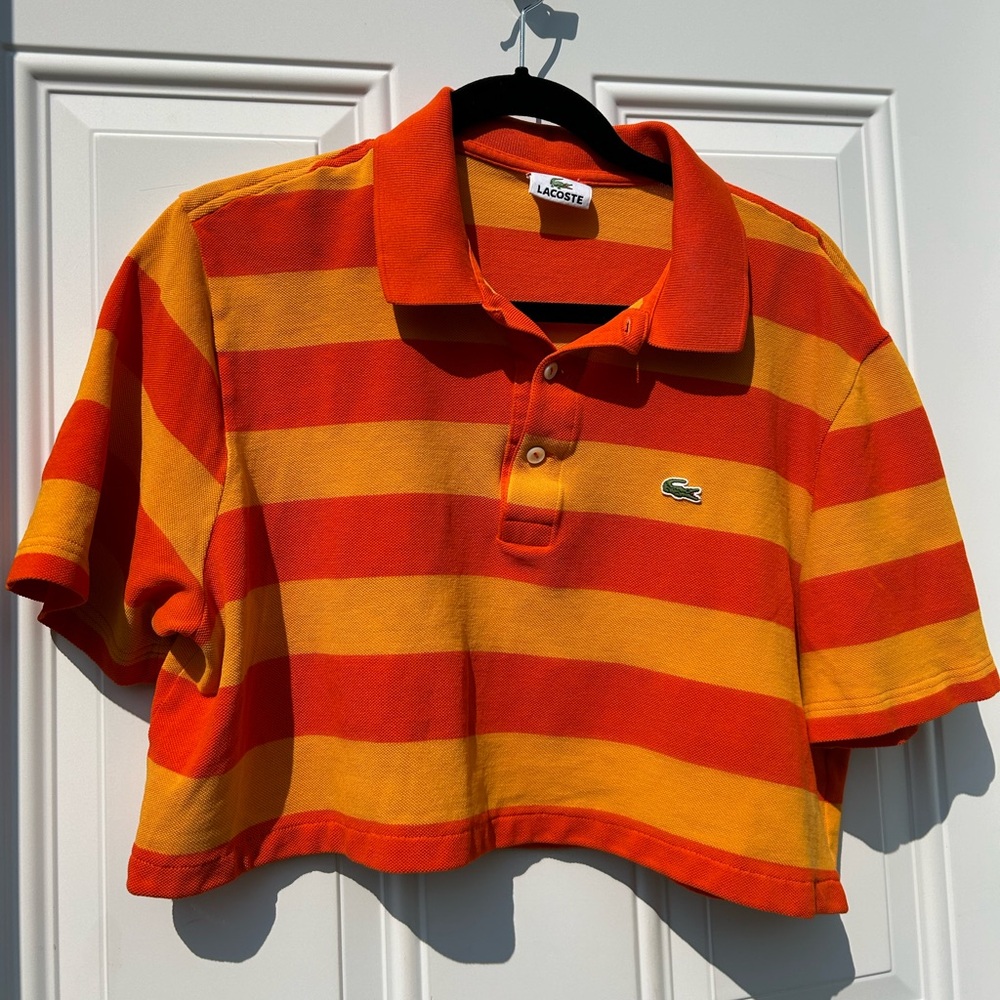 Ladies Reworked Lacoste Orange and Yellow Striped Cropped Polo Shirt